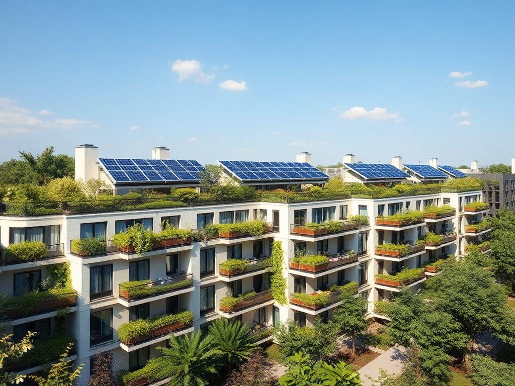 Sustainable apartment complex with green terraces and rooftop solar