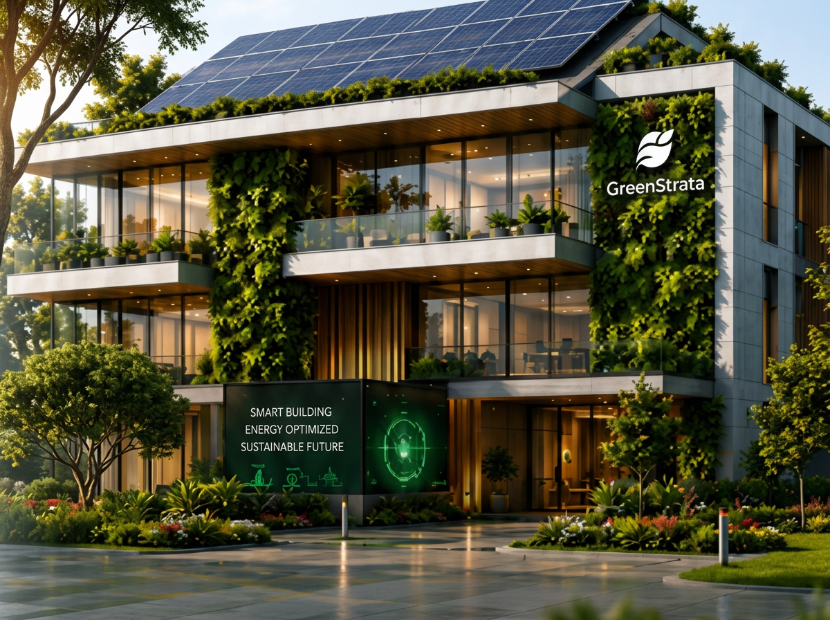 Modern sustainable green building with solar panels, vertical garden and EV charging