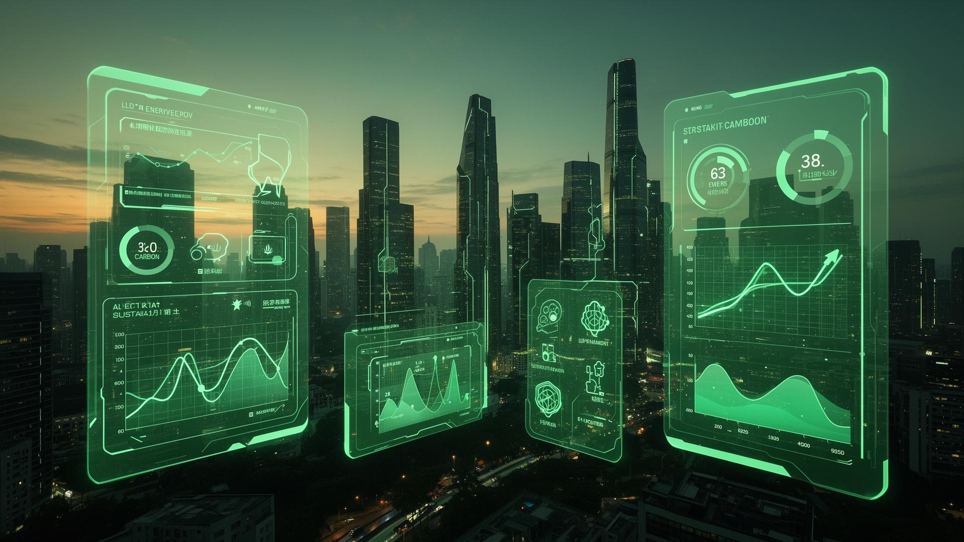 GreenStrata AI sustainability dashboard over a smart city skyline